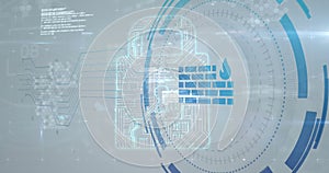 Image of wall and file icons over data processing on white background