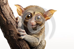 Image of a wallaces tarsier on a branch on white background. Mammals, Wildlife Animals, Illustration, Generative AI