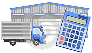 The image of a Warehouse, truck and calculator