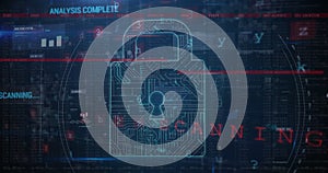 Image of warning data processing, online security padlock and circuit board