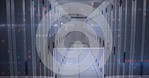 Image of warning text and data processing over computer servers in background