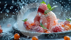 Closeup shot of a bowl of ice cream topped with fresh strawberries
