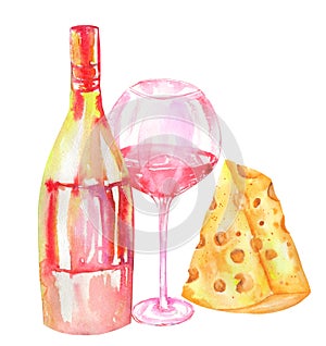 Image of the watercolor bottle of the red wine (champagne), glass with red wine, cheese.