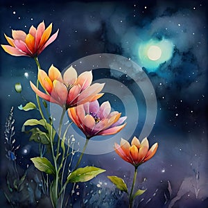 image watercolor painting of beautiful fantasy flowers in the world.