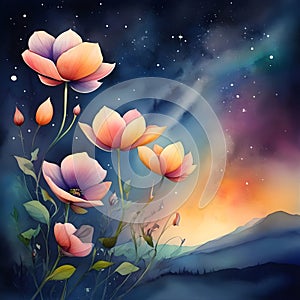 image watercolor painting of beautiful fantasy flowers in the world.