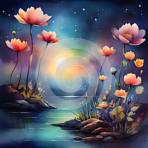 image watercolor painting of beautiful fantasy flowers in the world.