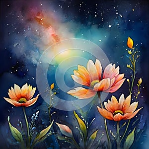 image watercolor painting of beautiful fantasy flowers in the world.