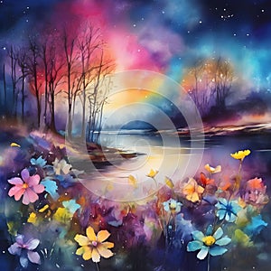 image watercolor painting of beautiful fantasy flowers in the world.