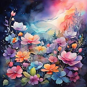 image watercolor painting of beautiful fantasy flowers in the world.