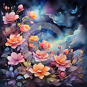 image watercolor painting of beautiful fantasy flowers in the world.