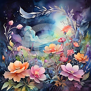 image watercolor painting of beautiful fantasy flowers in the world.