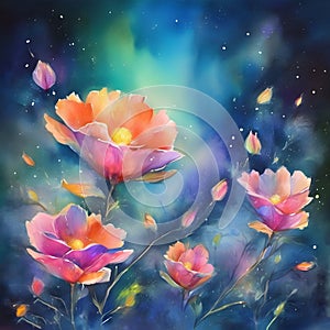 image watercolor painting of beautiful fantasy flowers in the world.