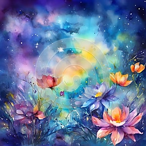 image watercolor painting of beautiful fantasy flowers in the world.