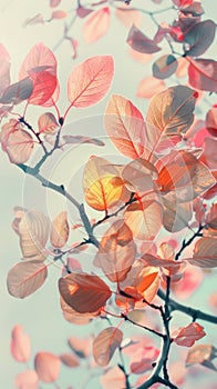 The image is a watercolor painting of a branch with red and pink leaves against a pale blue background. The painting has a soft,