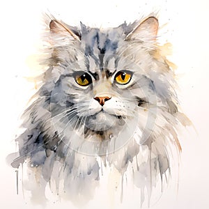 Image of watercolor painting of persian cat head on a clean background. Pet. Animals.
