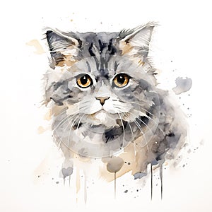 Image of watercolor painting of scottish fold cat head on a clean background. Pet. Animals.