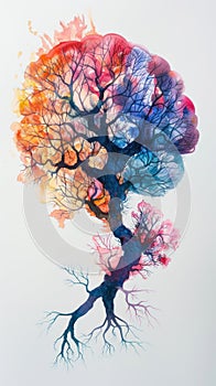 The image is a watercolor painting of a tree with a brain-shaped canopy