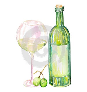 Image of the watercolor white wine bottle, green grapes and glass of the white wine. Painted hand-drawn in a watercolor on a white