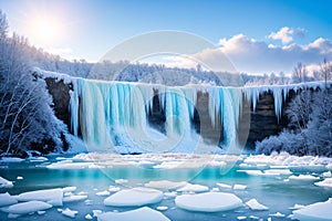 a waterfall in winter with strong current and frozen ice. photo