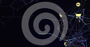 Image of web of connections with icons floating on a black background photo