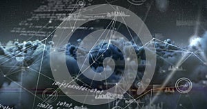 Image of web of connections and scientific data processing over cloudy sky