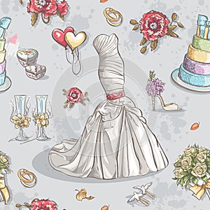 Image of wedding dresses, glasses, rings, cake and other items