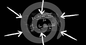 Image of white arrows pointing to mathematical equations on blackboard