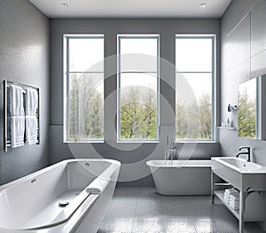 An image of a bathroom with a large bathtub, a sink, and a window with curtains.