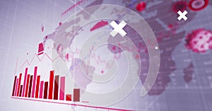 Image of white crosses over red grid, data processing on graph over globe, and qr code on black