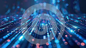 Image of white data stream, with numeric and text data processing over grid on black background. Connection, data, processing