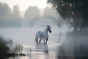 Image of white horse running on water in foggy morning time on natural background. Wild Animals. illustration. Generative AI