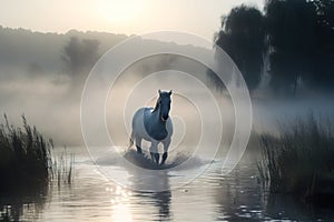 Image of white horse running on water in foggy morning time on natural background. Wild Animals. illustration. Generative AI