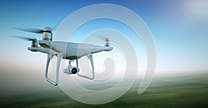 Image White Matte Generic Design Air Drone with video action camera Flying Sky under the Earth Surface. Green Fields photo