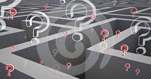 Image of white and red question marks moving over grey maze