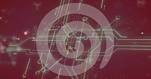 Image of white shapes moving and molecules on red background