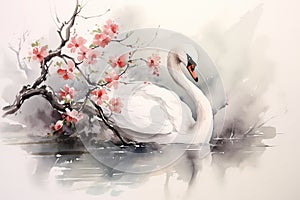 Image of white swan with pink cherry blossoms in ancient chinese style. Wildlife Animals. Nature. Illustration, Generative AI