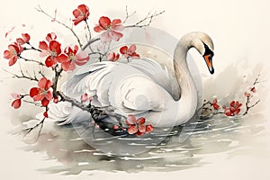 Image of white swan with pink cherry blossoms in ancient chinese style. Wildlife Animals. Nature. Illustration, Generative AI