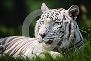 Image of white tiger resting on green pasture grass on summer. Wildlife Animals. Illustration. Generative AI