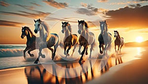 Image of wild horses galloping along the beach at sunset.
