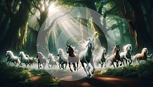 An image of wild horses galloping through an enchanted forest.