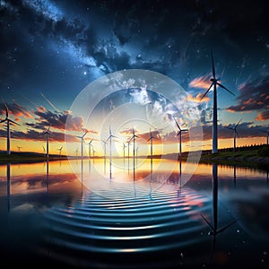 An image of wind turbines at sunset in a lake with water reflection, generative ai