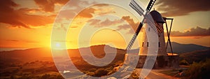 An image of a windmill at sunset in a rural landscape with a bright orange sky and rolling hills