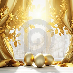 an image of a window with golden curtains and gold ornaments. generative ai