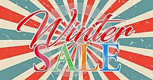 Image of winter sale text banner against blue and red radial rays spinning in seamless pattern
