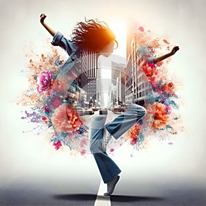 image of a woman dancing on a solid city street background with a vividly floral explosion.