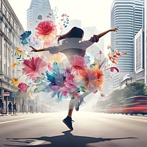 image of a woman dancing on a solid city street background with a vividly floral explosion.
