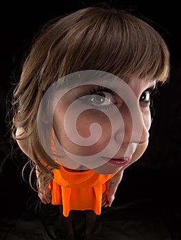 Image of woman in orange dress, fish eye