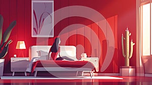 An image of a woman sitting in a red house bedroom, complete with furniture, a bed, a pillow, a blanket, and a lamp. A
