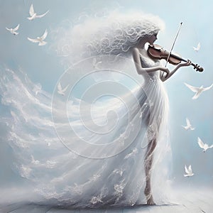 image of a woman in a white transparent long lace dress playing the violin in the garden.