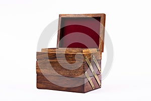 The image of a wooden box, retro, brown for decorations, metal handle, metal lock, on a white background, in the open form, with